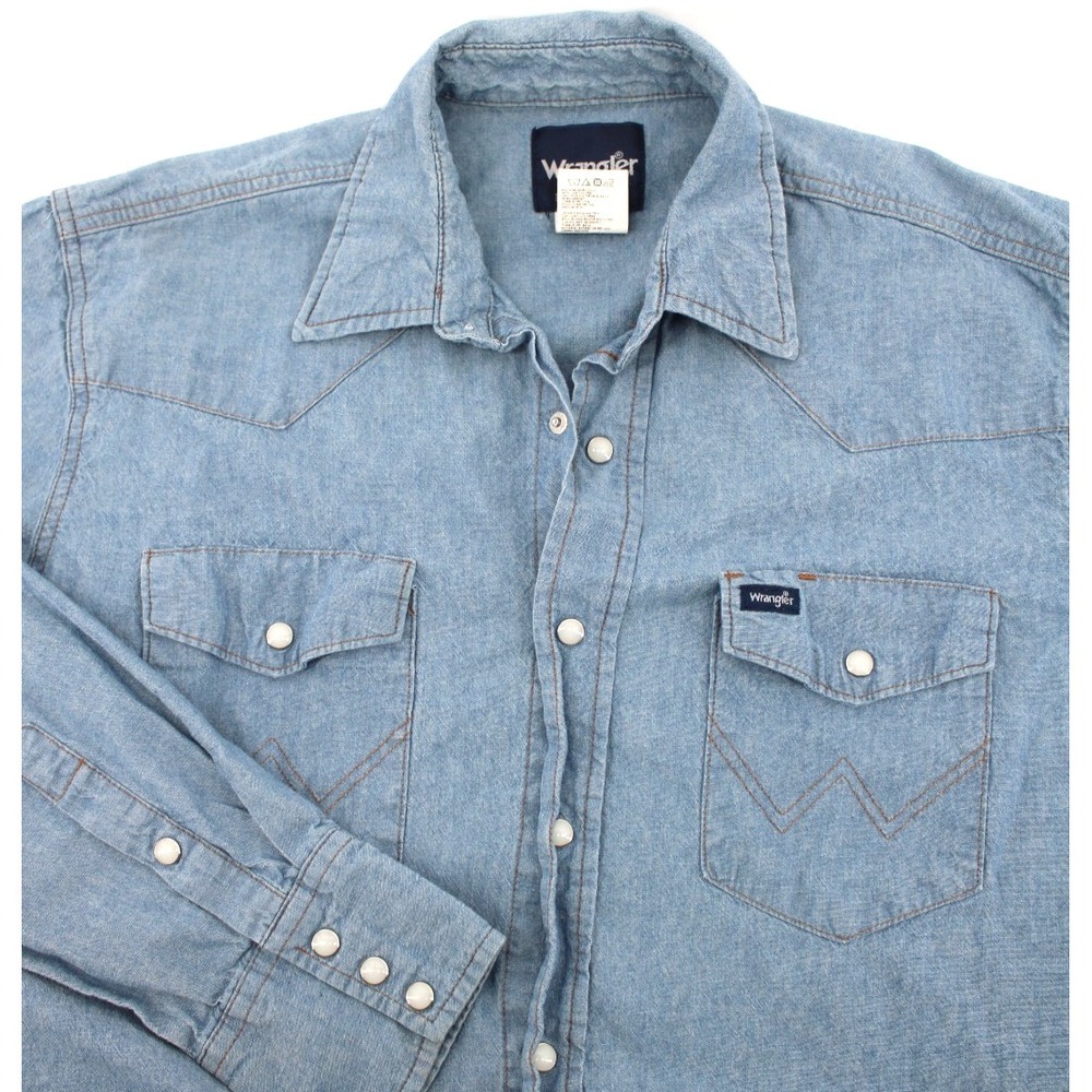 Wrangler Denim Pearl Snap Shirt Mens L Sawtooth Blue Pockets Western‎ Light Wash